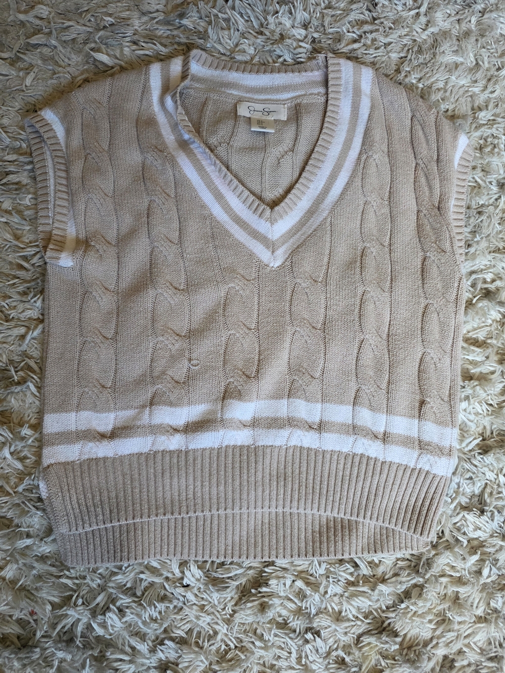 J. Crew Beige Cable-Knit V-Neck Sweater Vest with White Trim